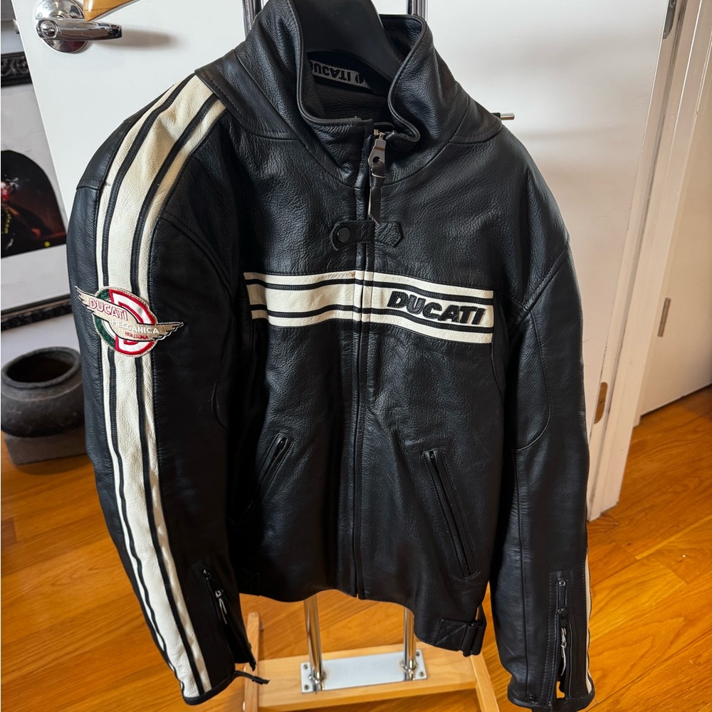 Ducati Black Leather Jacket with White Stripes